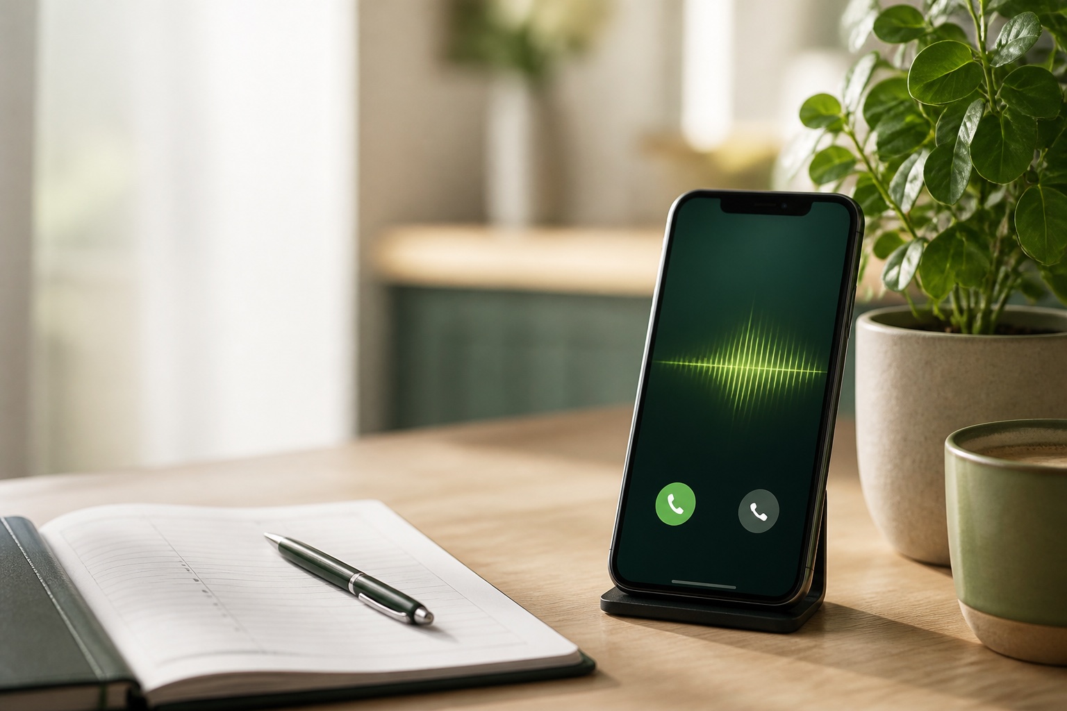 A phone handling a customer call beside an appointment book