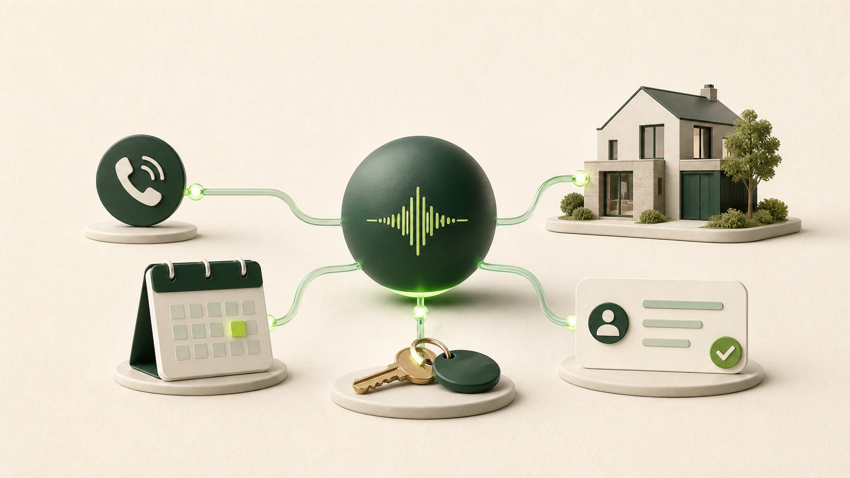 AI receptionist connecting a property enquiry to a viewing calendar, house details and customer record