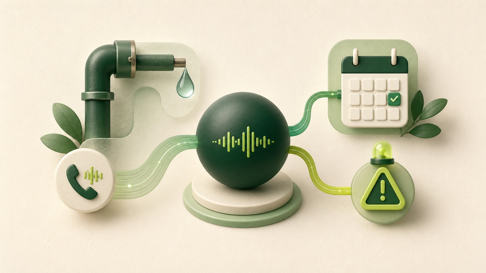AI receptionist connecting a plumbing enquiry to a booked-job calendar and urgent alert